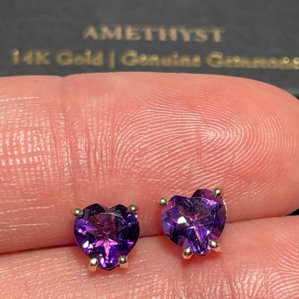 NEW Purple Amethyst 14K Yellow Gold Stud Earrings Heart Shaped 2ct Gemstone